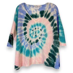 KUJTEN Cashmere Sweater Pink Blue Green Tie Dye Knit Pullover V-Neck Large